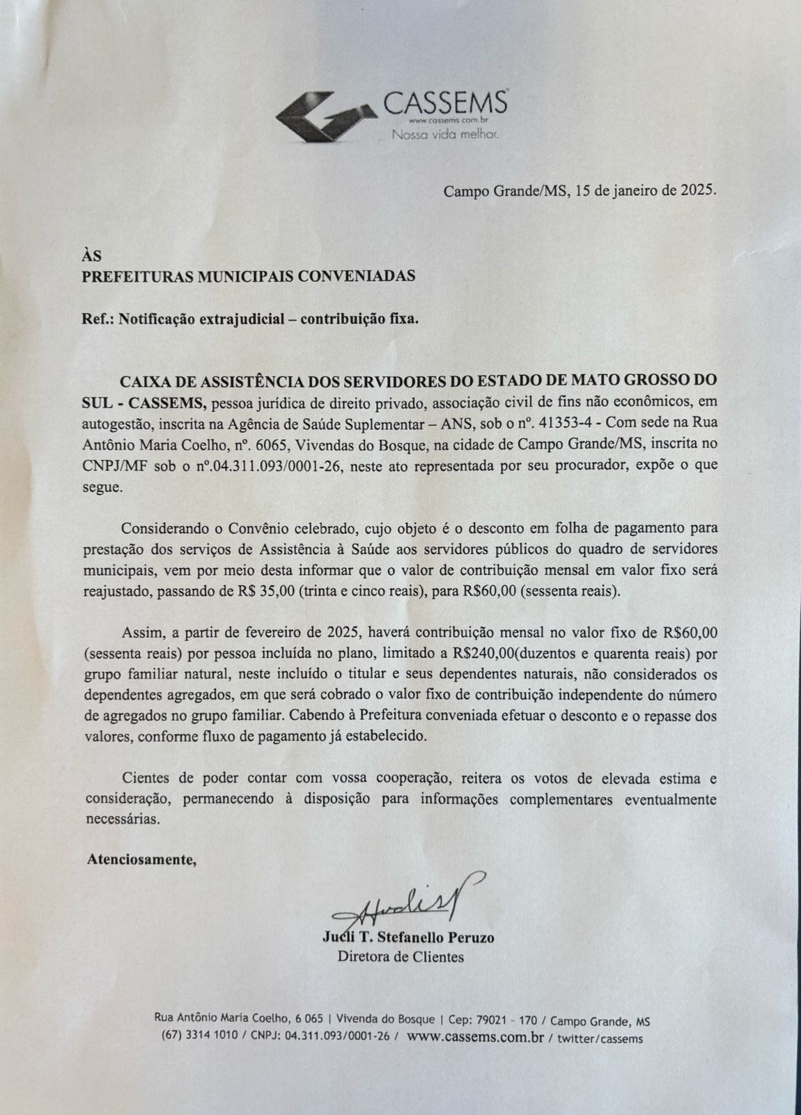 Reajuste da Contribuição Mensal da CASSEMS Entrará em Vigor a Partir de Fevereiro de 2025